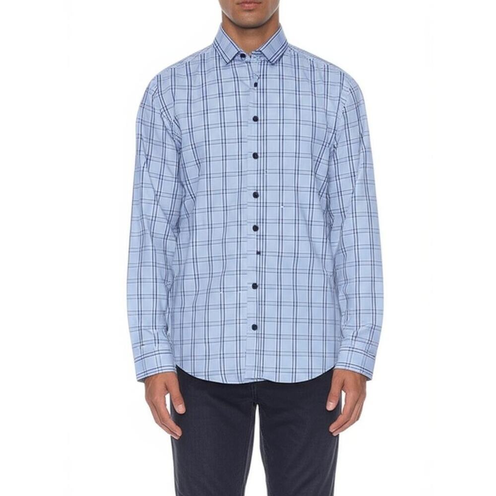 Nick Graham‎ Light Blue Plaid Stretch Modern Fit Button Up Shirt XL Long